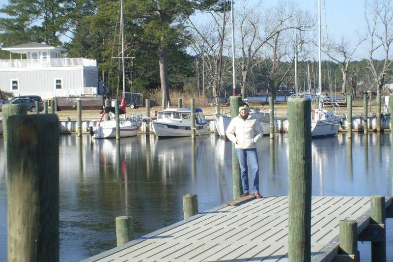 Sea Baby in ice at Point Marina in Whortonsville, NC.  That's The Captain standing on the dock across Coffee Creek.  Note:  Ice is only 1/2" thick.(10JAN10)