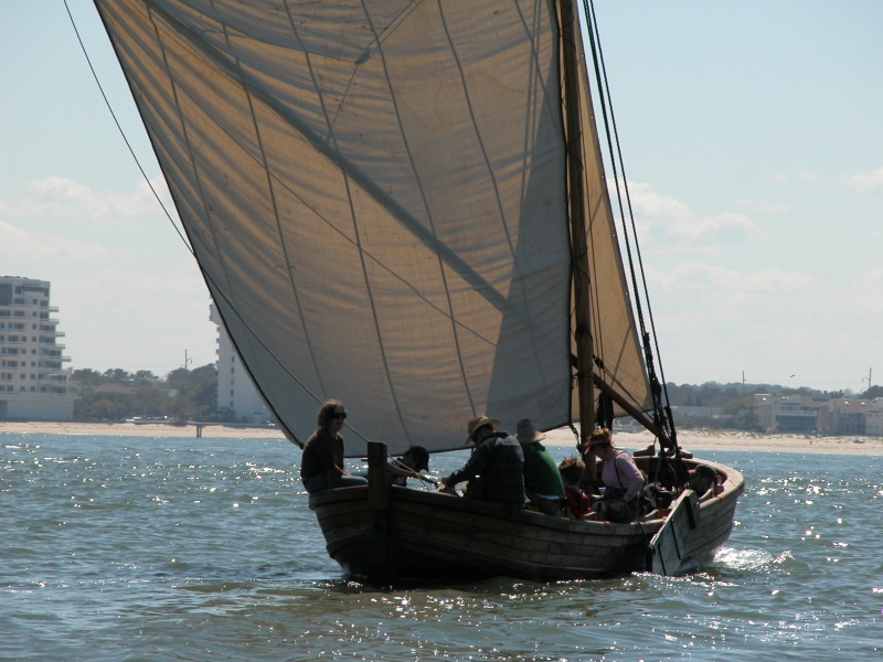 Shallop crew and guest getting a feel for the Lower Ches. Bay waters before the enactment on 26 April 2007.