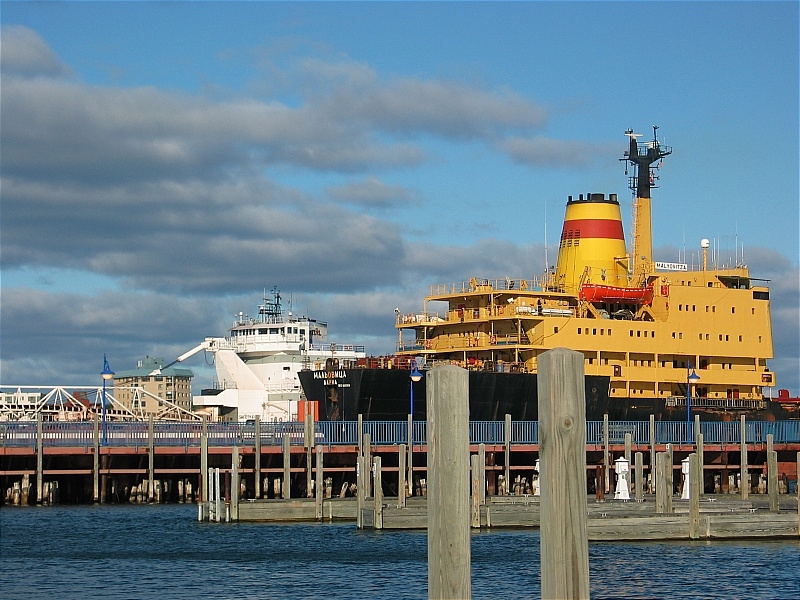 Shot from NFH cockkpit while in Kemp Marina Russian saltie downbound Ore boat upbound