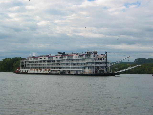 Six story paddlewheeler at dusk