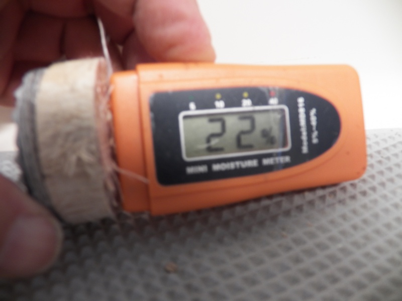 So I tore off the laminate and tested the interior of the plug.  Higher than the exposed wood, but still way down from the original 37%. It is kind of amazing how fast balsa can dry out.  A stick of red alder, which I use for smoking salmon, would take several months to dry out like this.