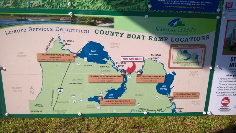 Some of the "downstream" boat launches.  None had overnight parking (or fees).  My Navionic card ends at lake Harney, but there is actually over 60 more miles if you are comfortable in shallow water.
The sign is courtesy of the Seminole County Department of Leisure Services.  Sounds like a nice job.