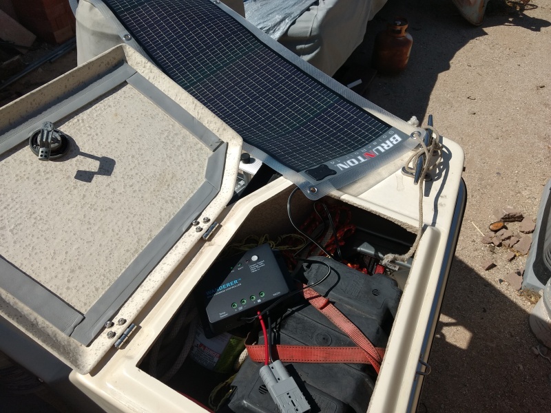 Someone gave me a 14 watt panel, which is perfect for keeping my batteries topped off (test run going on here). 

Bought a 30 amp controller which I'll mount in the cabin and eventually add a couple panels to the roof rack. We plan on getting a fridge in the near future so solar will be a big help with that.