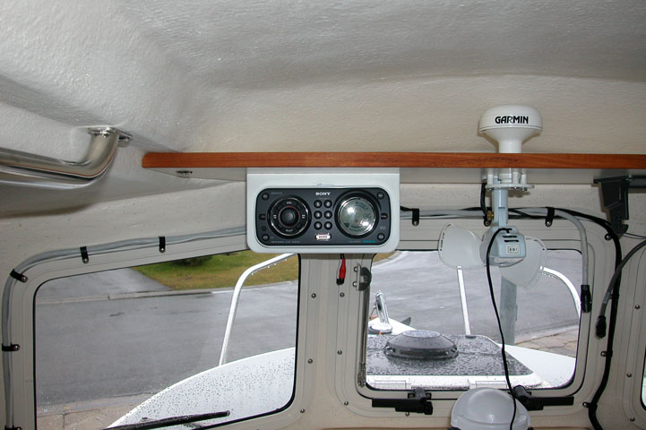 Sony marine stereo mounted under shelf in custom bracket of my design.
