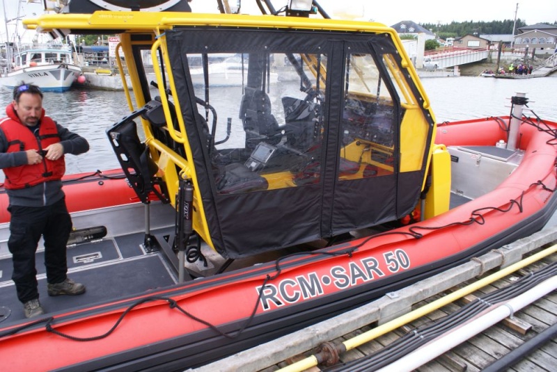 Southbound-DSC06577  Port McNeill - Rescue boat - It has quite the suspension system.  The volunteer claimed that on the military model, a sniper can sit on the roof and shoot while the boat does 30 knots through a chop.