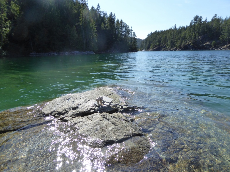 Stern tie hook on a rock in Melanie Cove