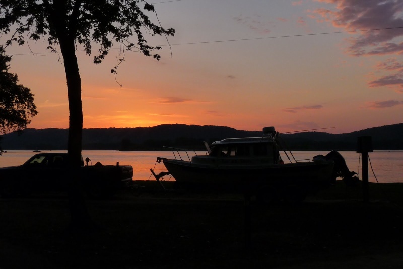 Sunrise camped alongside the Mississippi River south of Dubuque, Iowa.  River low, fields dieing due to drout.