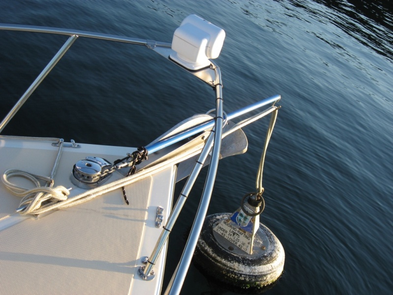 Temporary Bow Sprit For Mooring Buoys.JPG

Keeps buoy from banging into hull in the middle of the night.