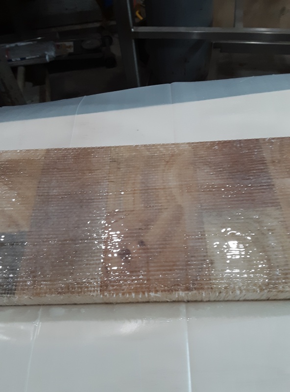 TEST PANEL: used a small notched trowel to put on a thin layer of 'lightly thickened' epoxy