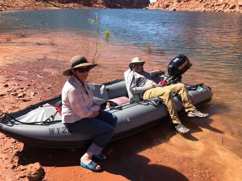 The 13 foot double layered bottom Kaboat is working well for us, especially combined with the 52 pound Suzuki 4 stroke 6 hp motor.  With 7.5 x 6? prop it will do 13.5 mph with just me aboard at Lake Powell & 10.5 mph with both of us.  The double layer bottom does increase it?s weight to 80 pounds, which I can still handle though the 12 footer at 50 is much easier.