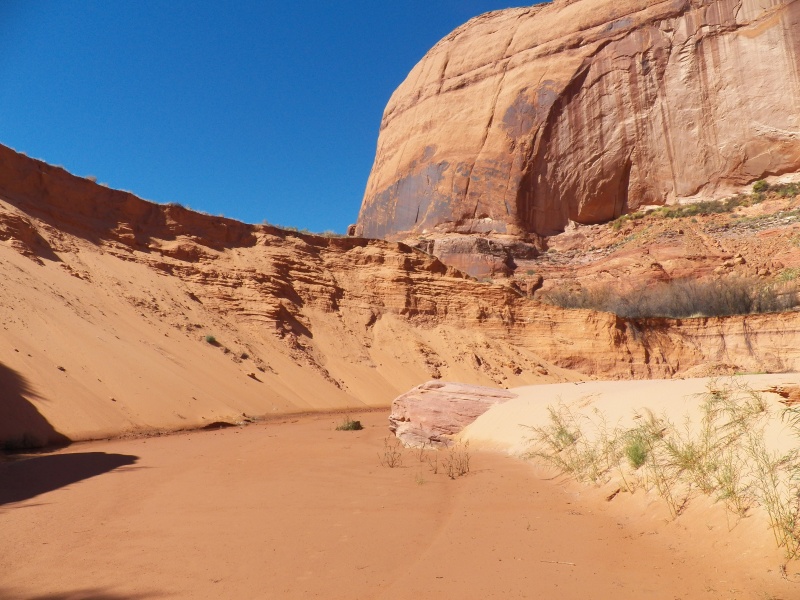 The canyon had huge sand slides on the south side (picture left), blown over from the top of the mesa.  That's what makes the nice path all the way to the lake.