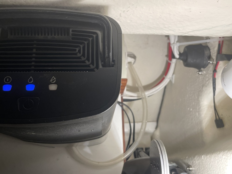 the dehumidifier can now be left on while boat is in the shed with the drain tube running through a thru hull into a bucket