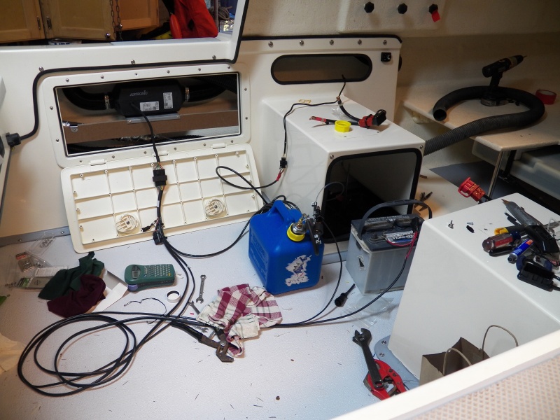 The dosing pump is now integrated to the fuel cap. I have everything in a temporary position to allow me to test the heater.  This is the point were I wonder if the whole idea was crazy.  After some fine tuning, it worked and puts out a lot of heat, then settles down to a purr.