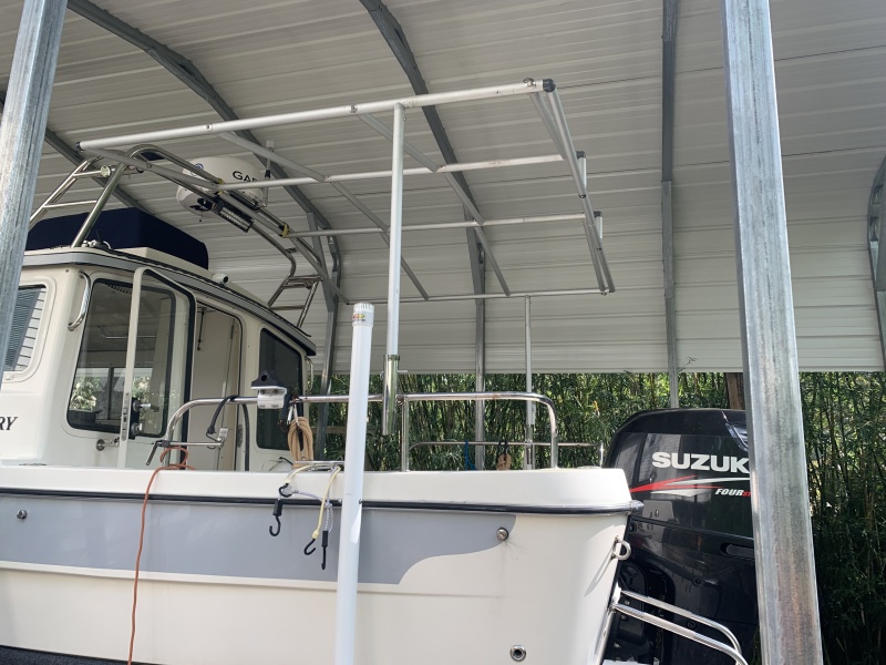 The fixed frame concept was scrapped when my daughter asked about quickly opening up to the sun.
At that point the plan went to a three bow bimini with increased height.