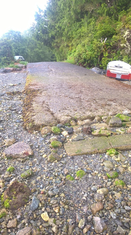 The "free overnight" Grice Bay boat launch on Clayoquot Sound.  Usable only at high tide.