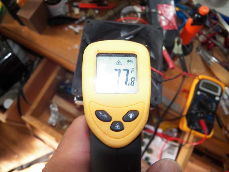 The "hot" air that passes the cooling fins is about 75-77 degrees.  The fan is .27 amps and moves a lot of air.  I tried a quieter fan, but it didn't cool the hot side of the TEC as effectively, which is the key to getting the maximum cooling efficiency from a TEC.