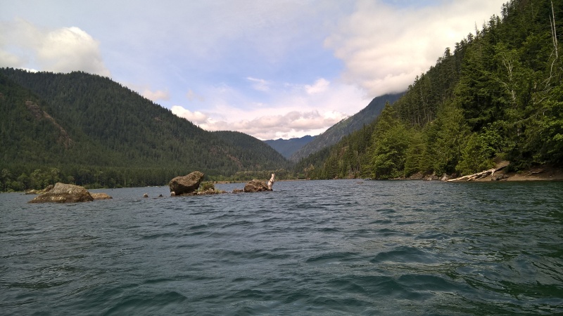 The original river canyon cuts down through the reservoir, so the depth between the rocks and shore is 40'.  To the left of the rocks were some tree tops still exposed.  Kind of dicey.