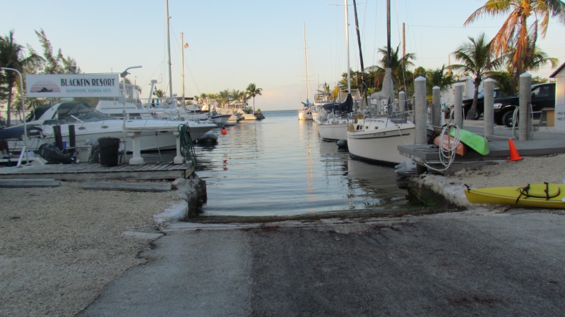 The ramp and marina at the Black Fin Resort in Marathon. We booked here for a week 23' boat= 218. dollars, pool laundry bayside but about two and a half miles to the seven mile bridge and Hawk Channel and the Atlantic Ocean = good fishing