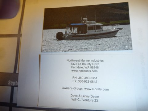 The third in a series of cards we hand out to strangers should we have interest in our boat. Front of the card is the picture and the reverse side has the information. All changes were a result in C-Dory ownership changes, The picture's location was on Yellowstone Lake and was taken by Jay of the Hunky Dory. August 2011