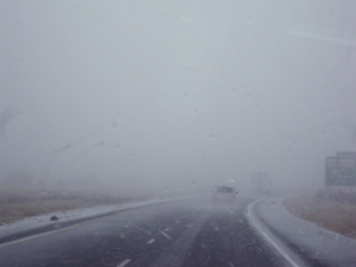 The view through the windshield... snow in west Texas