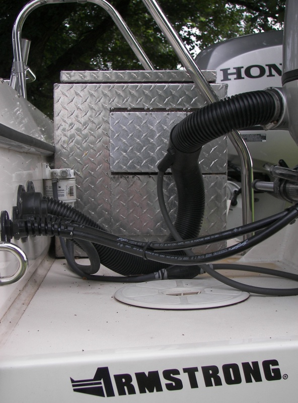 There are three flap doors on the port side, one for 30 amp plug, one for switch and guage on 30 amp plug, and one for access to the normal Honda receptacles, switches and controls. The length of a 30 amp adaptor plug is almost the same as that of the fixed, 30 amp yoke which locks in the plug so I chose that. You can pull the genset and use that yoke to tie two i2000's together.