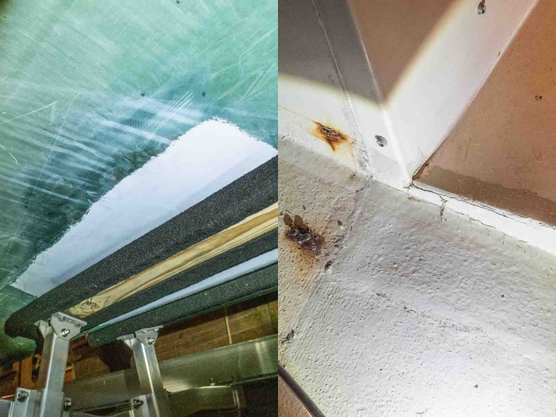 There is unknown damage to the hull under a trailer bunk in the same general area as a crack in the gelcoat on the cabin floor at the aft bulkhead at opening to berth area. Also there is a faint crack in the tabbing (4" to rear and hard to see in photo) where bulkhead is tabbed to floor.