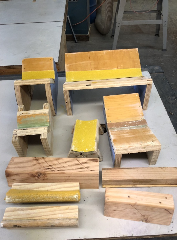 These are the sanding blocks I fabricated for the sanding work I did on the roof. I have power sanders, of course, but rarely used them for two reasons - 1) The blocks allow for even sanding with no dips and swells, and 2) the blocks don't get dust all over my shop like a power sander does, even when used with  vacuum system. Oh, and 3) the use of the blocks provide a nice upper body workout.(winking smile emoji here)