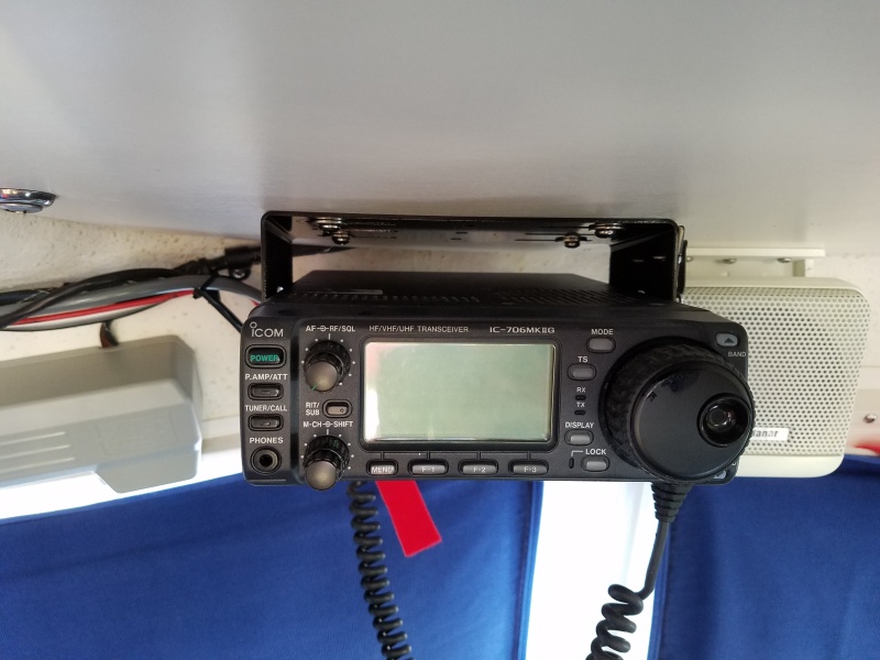 This hot little Icom 706 MK III G transmits at 100 watts on any ham, ssb marine and many other frequencies including VHF. It also has great AM reception and is so much more compact than our previous 802.