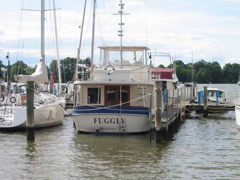 This is a Krogen Manatee that was docked at Lankford. I thought that naming an Mantee "Fuggly" was hilarious. (Scott on grin)