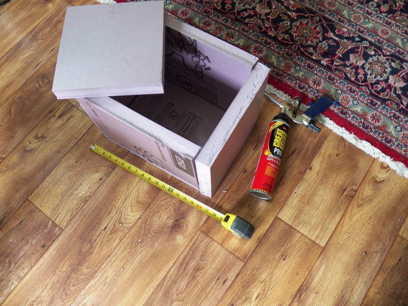This will be the insulated container for the TEC.  I'm gluing it together with foam.  It is 1.5" foam board that comes in a 2x8' piece.  If I think I need more insulation, I will simply make another exterior layer from the left over piece.  It is small, but then so is my boat.