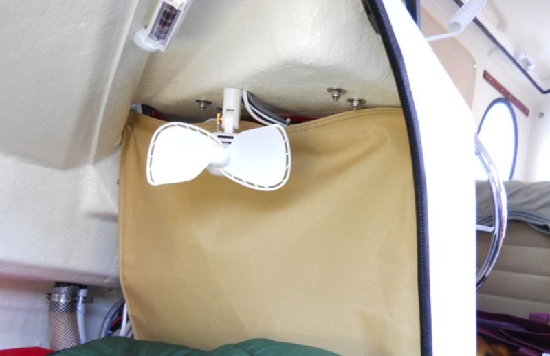 To cool the berth down on excessively hot nights, we installed a 2 speed, Caframo 747, 12 volt, .59 amp fan  with finger safe blades