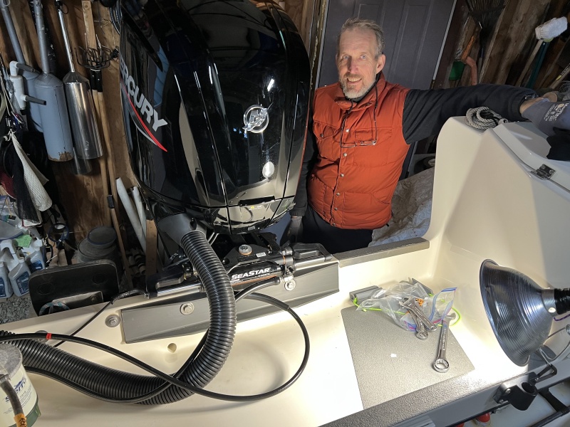 Tom with new Hydraulic Steering system and Mercury 115 Command Thrust.