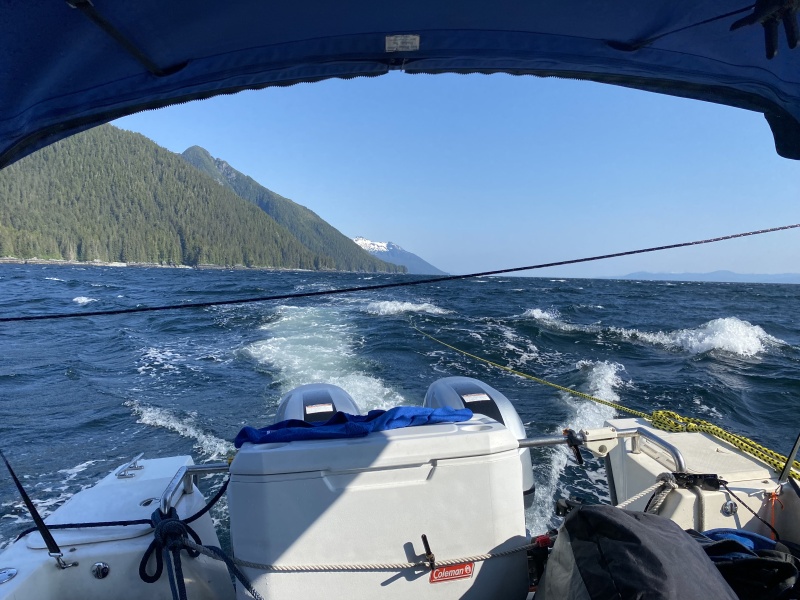 Towing Kaboat with out motor after flipping it with motor on Chatham Strait in in 25 knots & 4 foot following seas