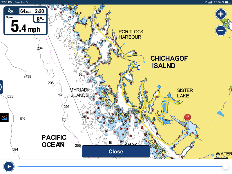 Tracks from Baker Cove to Ford Arm off Slocum Arm of Khaz Bay.  Sister  Lake is in between