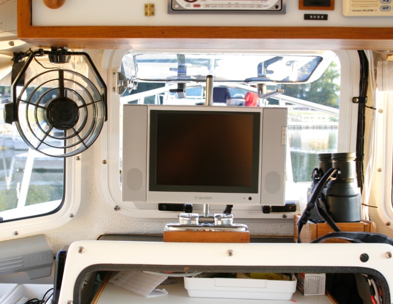 TV-Rotated-to-Viewing-Position: TV is flipped up, rotated and ready to view. Note the Digital Converter Box on the far left of the console stood up on end is bsrely visible and takes up very little space.