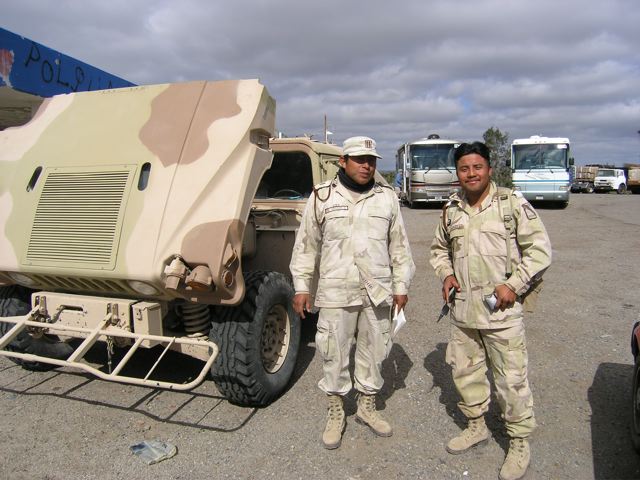 Two members of the ubiquitous Mexican Army taking a break with us. The Mexicans have the right idea -- two years of compulsory service to the country for every able-bodied young man (probably not women.)