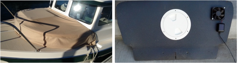 - Vberth Cover ? At 28 degrees, the cover reduces the condensation by 90% in the area it covers. No more drip, it also keeps it a tad warmer. We did not want to add spray on insulation. The fleece cover cost us $16.00 in material. Easy to put on and take off.  
- Vberth /Chain locker fan ? The 12v fan (computer fan) is mounted to a removable panel that bolts to the chain locker. It sucks air into the vberth and blows it forward and out the open deck pipe. It pulls warm air from the cabin into the berth.