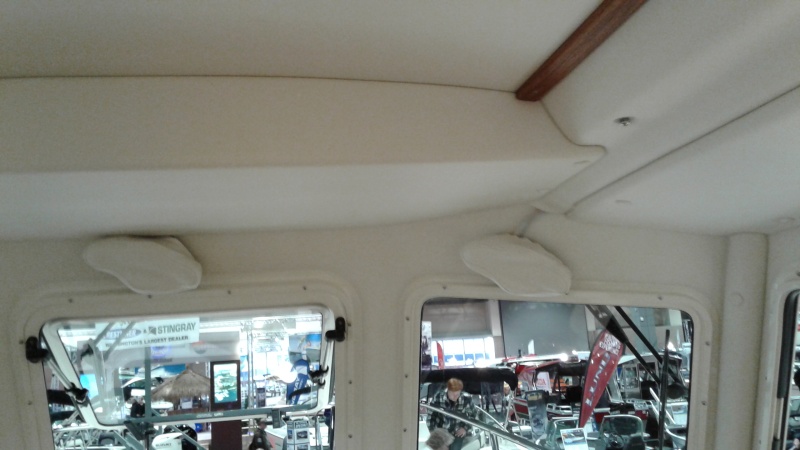 Vinyl Interior glue is supposed to be better than earlier models. Sleeping area uses hull blanket (Carpet).  
Shelf above helm is enclosed which adds nice faceplate for small electronics but it also may reduce storage of previous open shelf layout. Added center wiper.
