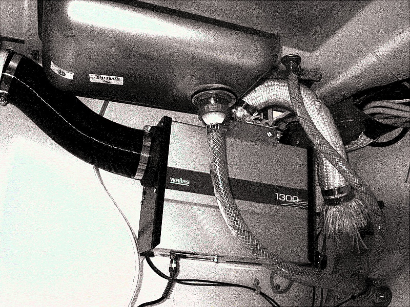 Wallas 1300, three inch warm air duct, stainless dual wall direct vent pipe inside fiberglass sheath.
