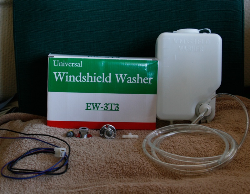 Washer-Kit with reservoir, hose, electicsl connector nozzles and T fitting.