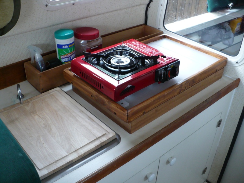 We wanted more counter space and storage so we removed the alcohol stove and use the portable butane cooker. These are great little stoves and boil water in 2 min.