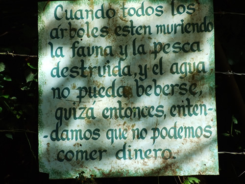"When all the trees are dead, the animals and fish destroyed, and the water cannot be drunk, perhaps then will we learn that we cannot eat money."